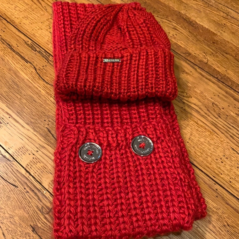 Michael Kors red scarf and hat set mint condition